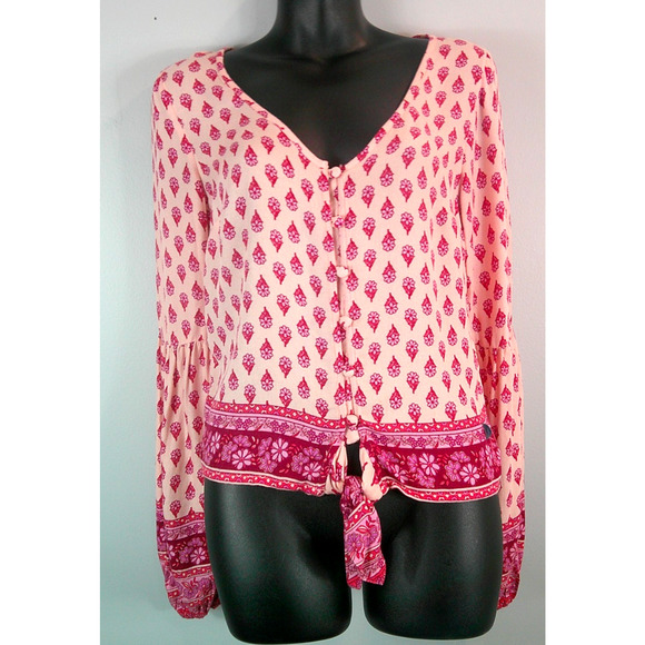 Hollister Small Pink Cropped V-neck Blouse Buttons and Tie waist NEW - Picture 1 of 9